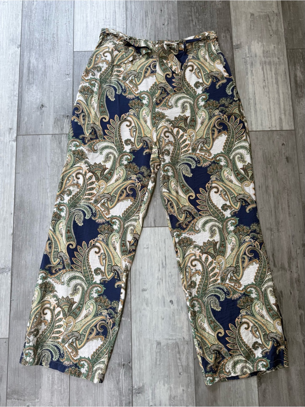 MNG Mango Paisley Wide Leg Pants XL Boho Coastal Elastic Waist